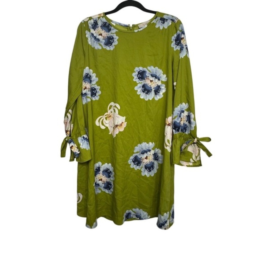LOFT Green Floral Dress Bell Sleeve Casual‎ Shift Women Small Back Zip Tie Cuffs